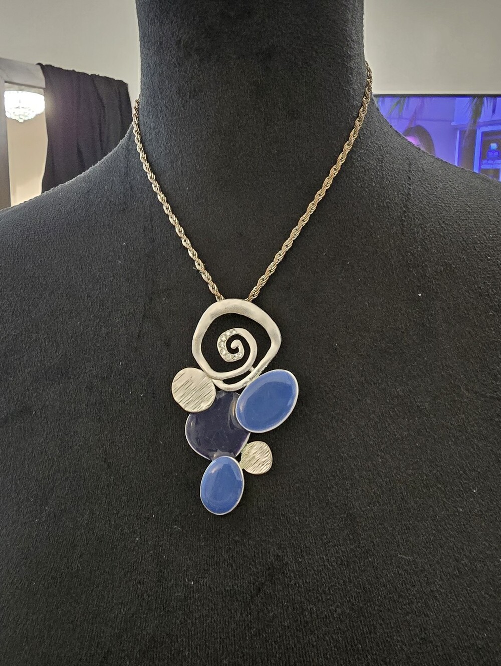 Vintage Abstract Blue Enamel Silver Toned  Statement Piece With Delicate Crystal